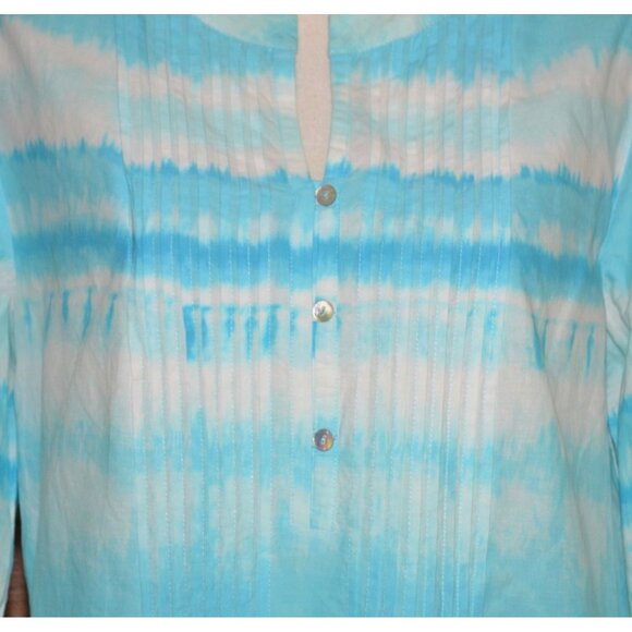 J. Jill Ladies Pintuck 3/4 Roll Tab Sleeve V-Neck Blouse Top Size M Blue & White - Picture 3 of 13